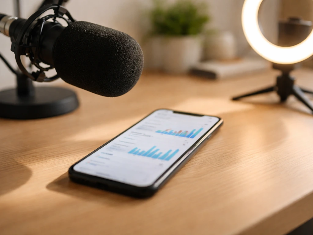 Close-up of smartphone, microphone, and ring light on a home-studio desk for content monetization.