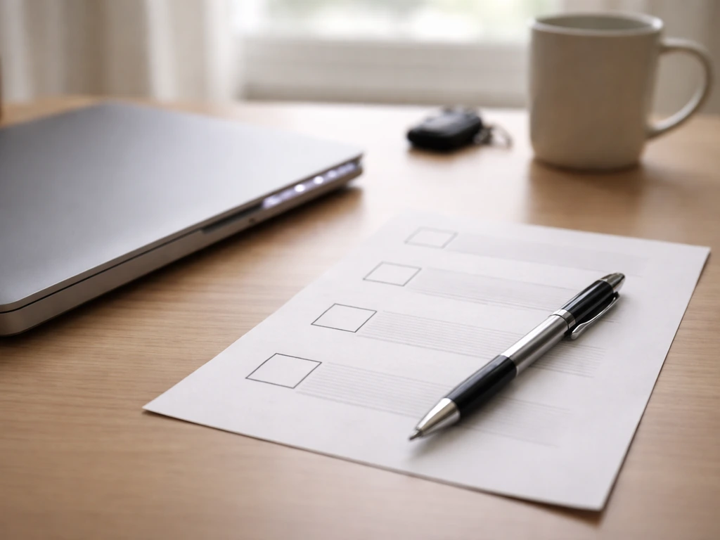Minimal photo of a laptop with public-record search tabs, checklists sheet, and pen over highlighted fields.