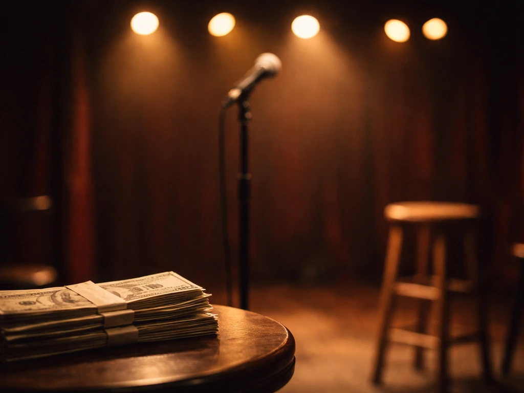 Empty comedy club stage with a microphone and a subtle cash stack symbolizing net worth.