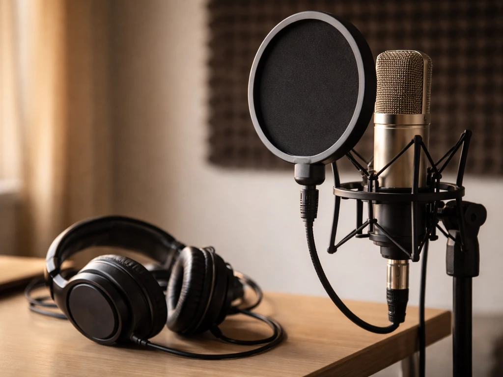 Close-up of a studio microphone with pop filter and headphones on a podcast desk