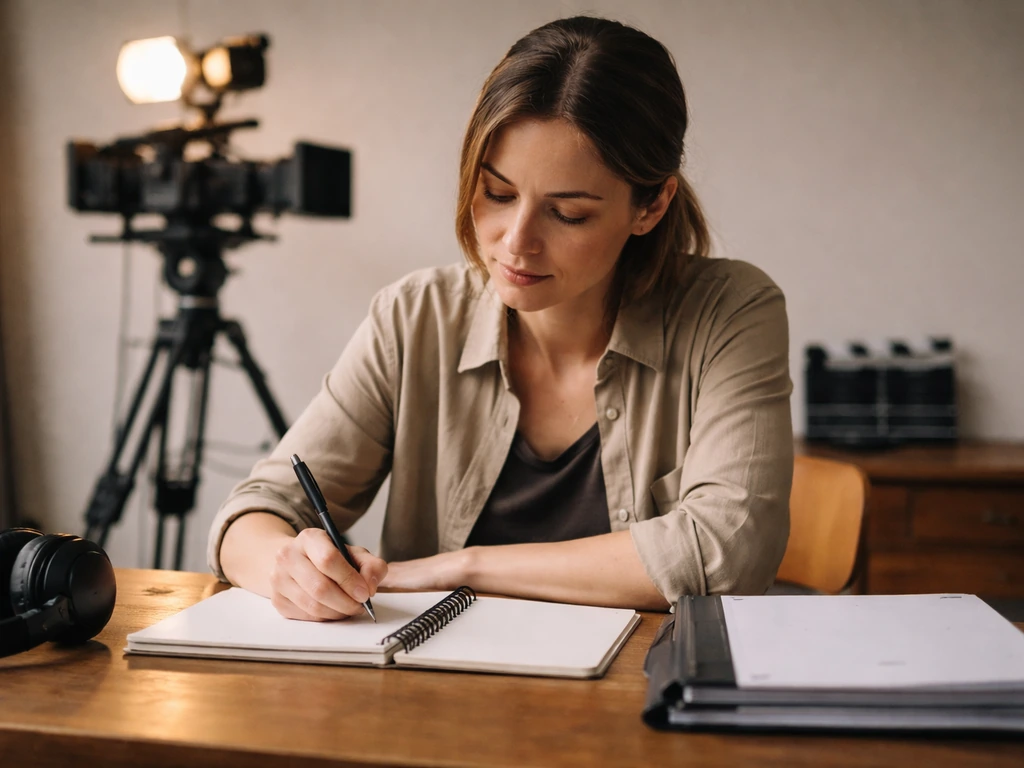 Anonymous woman at a film set desk writing, with a softly lit movie camera in the background