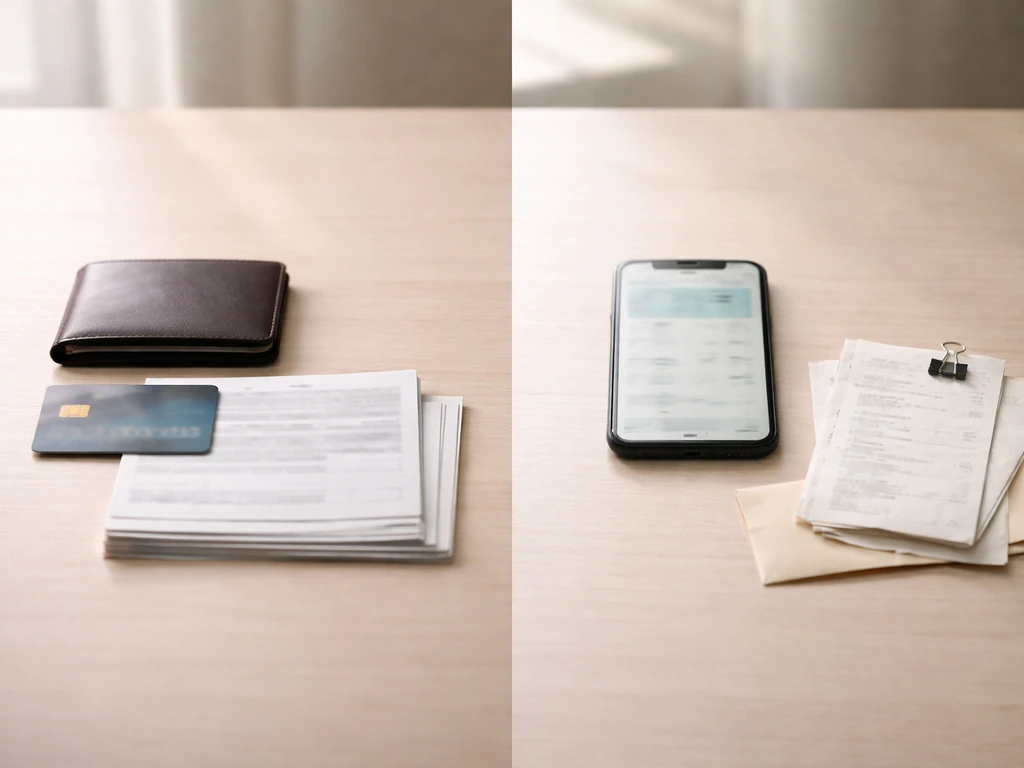 Minimal desk scene with separate wallet/receipts and blurred phone showing individual vs separate finances.