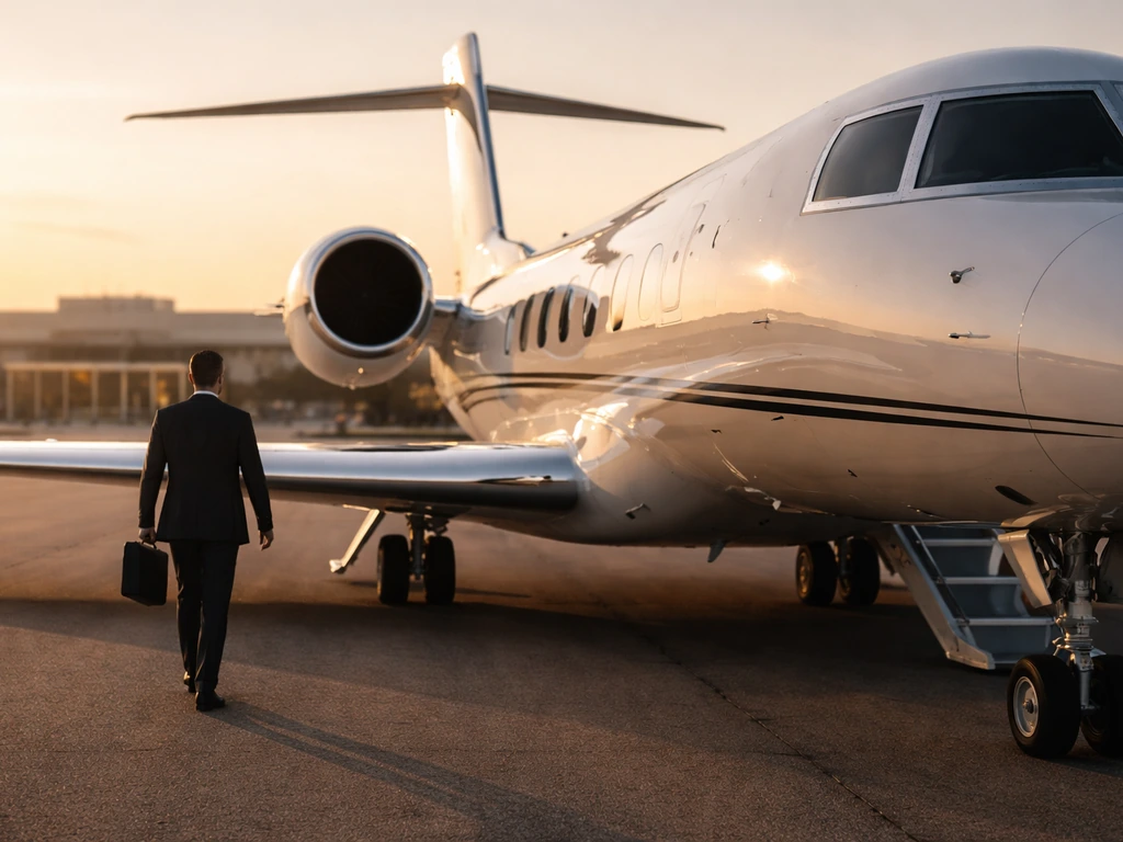 Private jet on a quiet tarmac at golden hour with a distant anonymous figure near the aircraft.