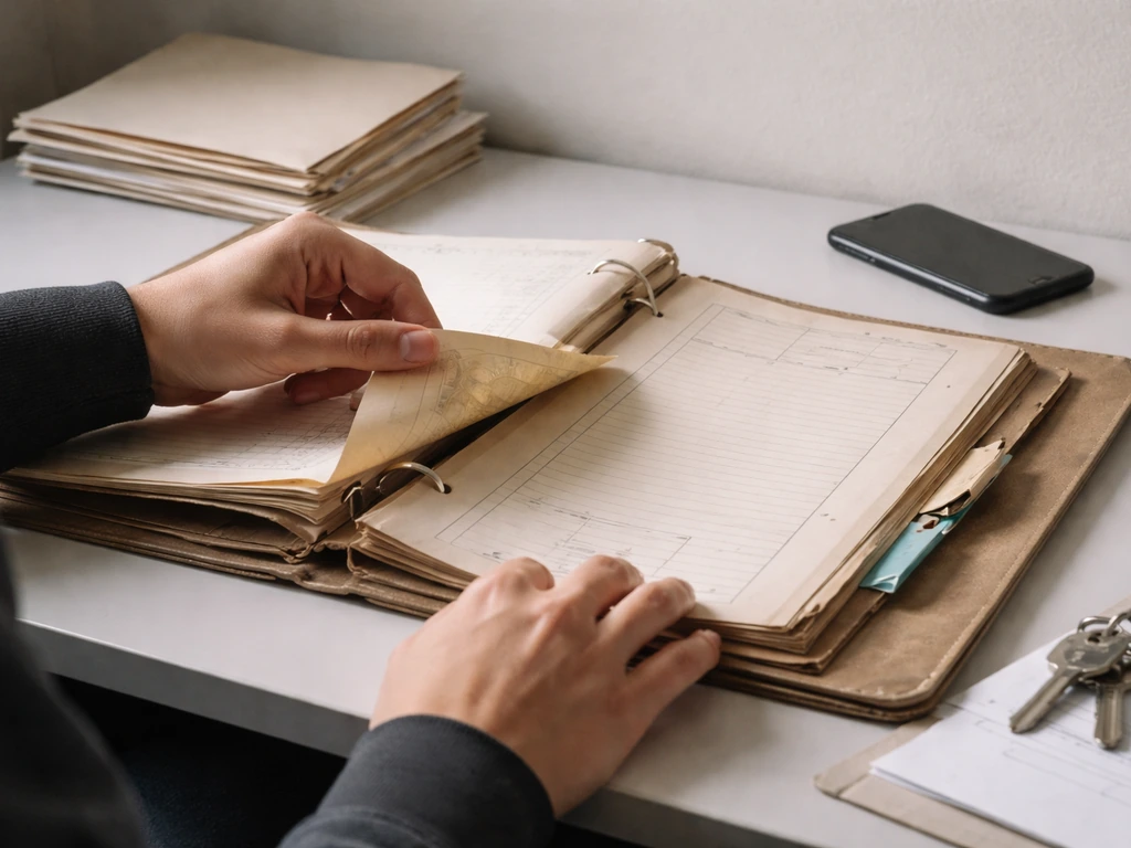 Hands reviewing a courthouse records binder and property files on a desk with a phone and keyring
