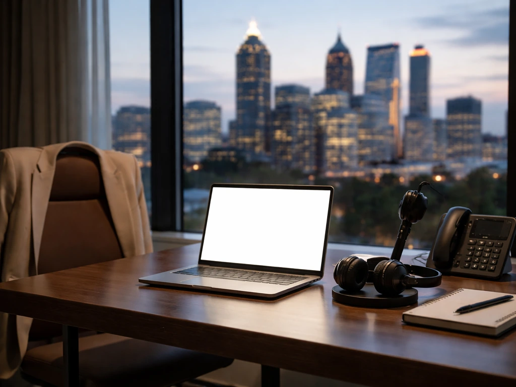 Upscale media and business office desk with headphones and microphone by a city window, no people