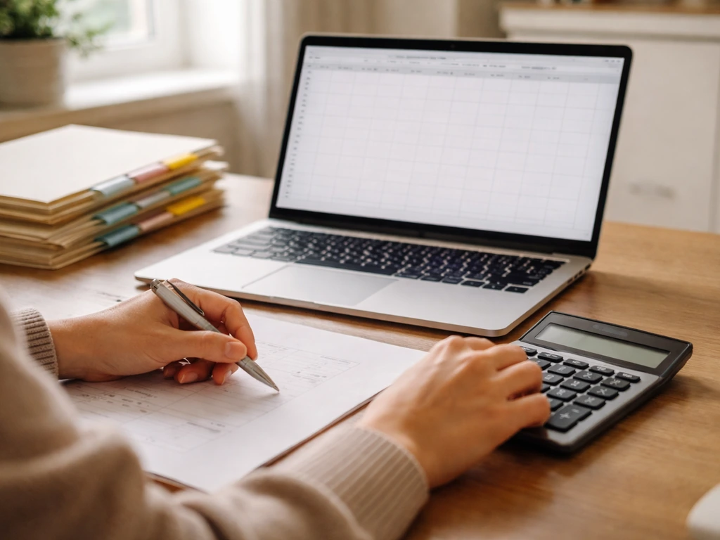 Minimal desk scene with a laptop, calculator, and folders suggesting practical net-worth estimation workflow