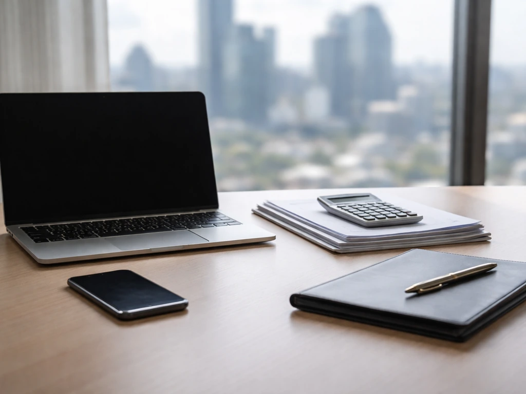 Minimal finance desk scene with calculator, documents, and city view suggesting investment and insurance income sources.