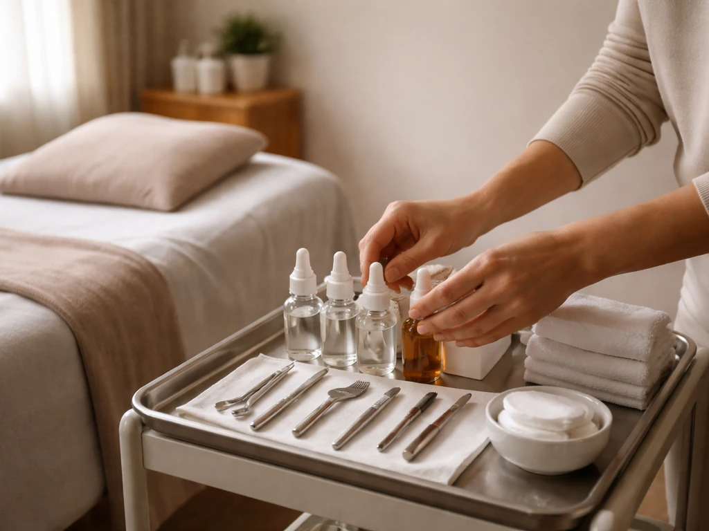 Esthetician preparing skincare tools in a quiet facial treatment room with neatly arranged serums