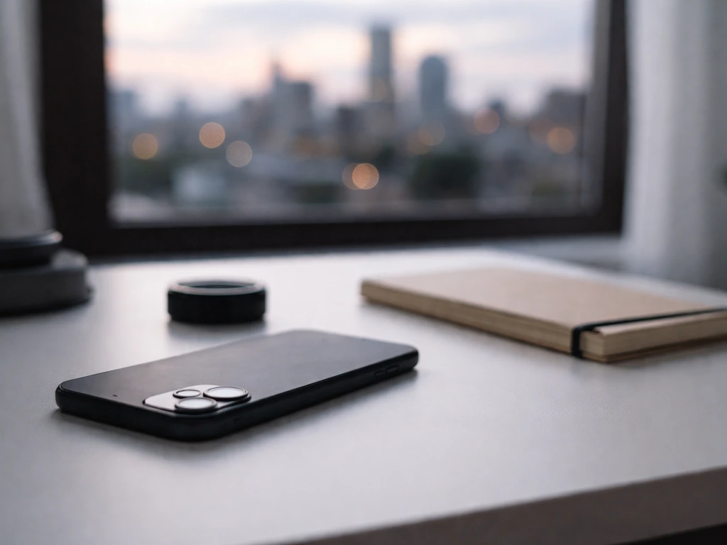 Close-up of a smartphone on a desk with soft city light, evoking social media creator and identity research