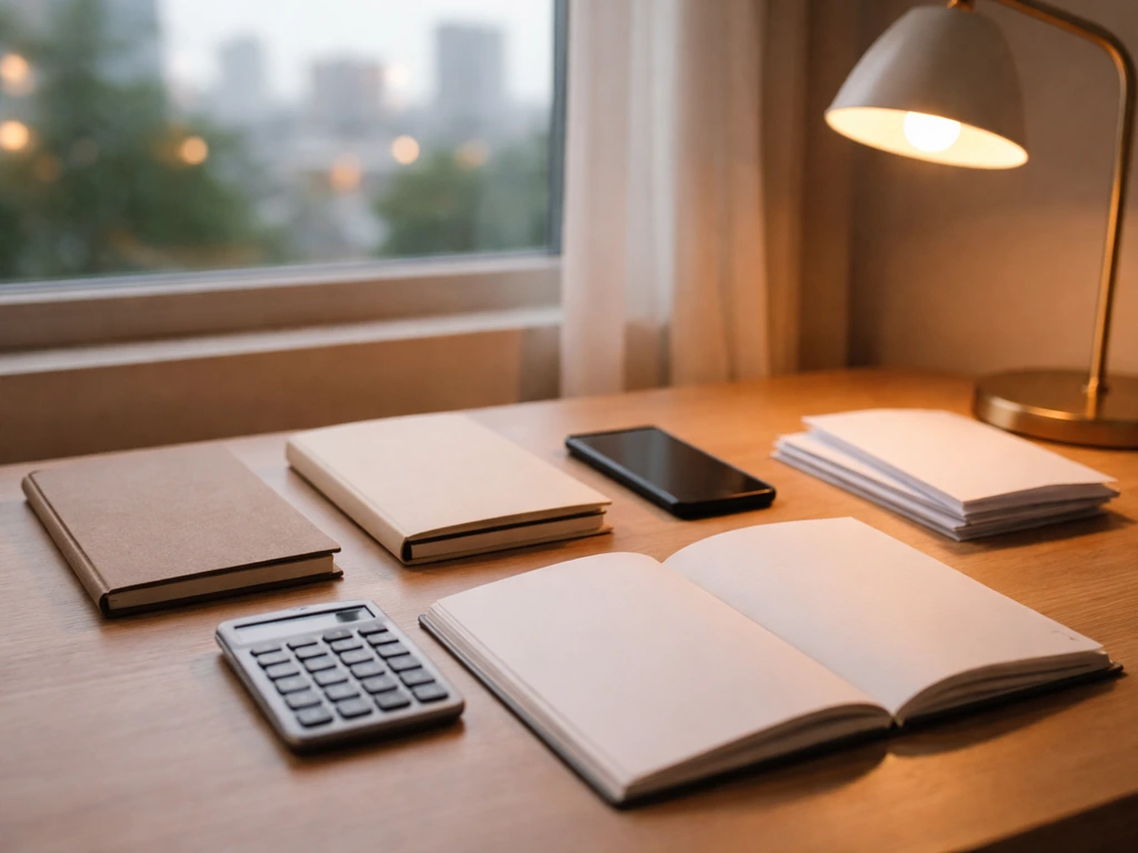 Minimal home studio desk with two notebooks, calculator, envelopes, and planner suggesting shared finances.