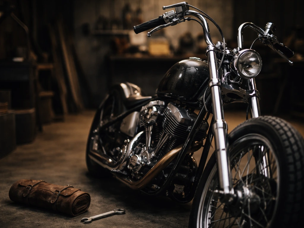 Custom motorcycle in a quiet garage with soft daylight, symbolic of a motorcycle-builder husband identity.