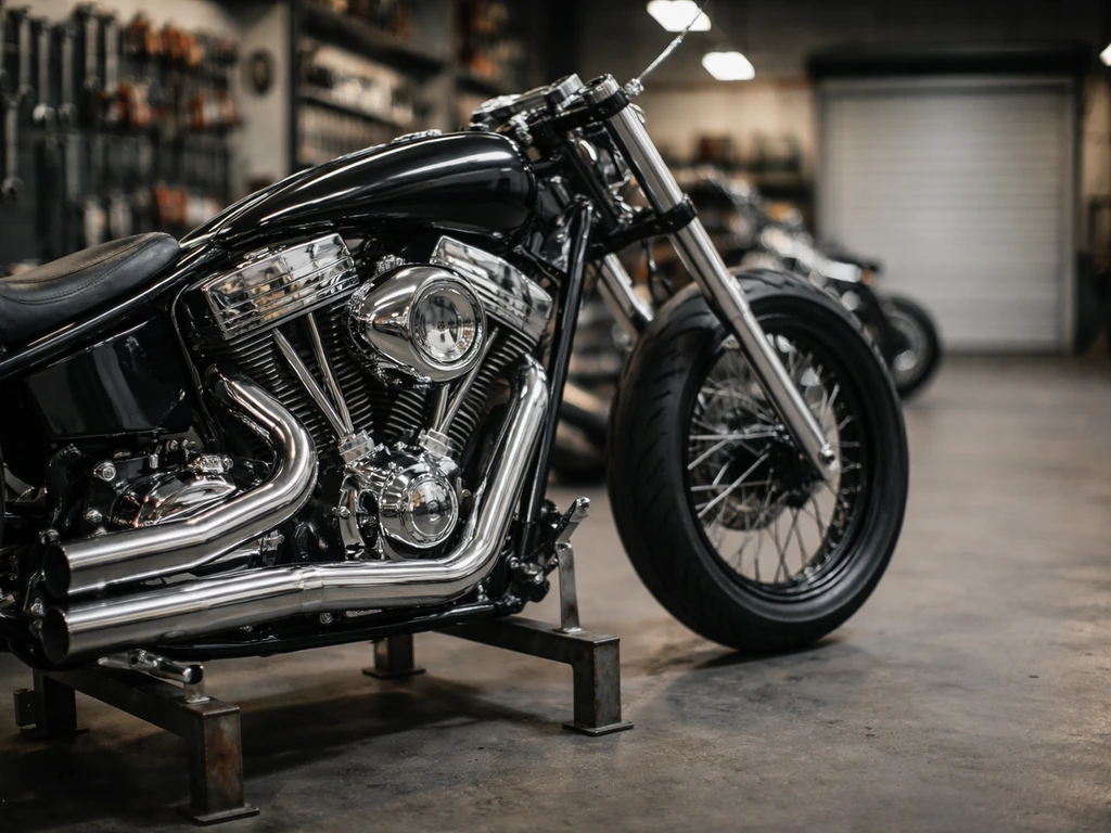Close-up of custom motorcycle engine and chrome details inside a clean motorcycle workshop
