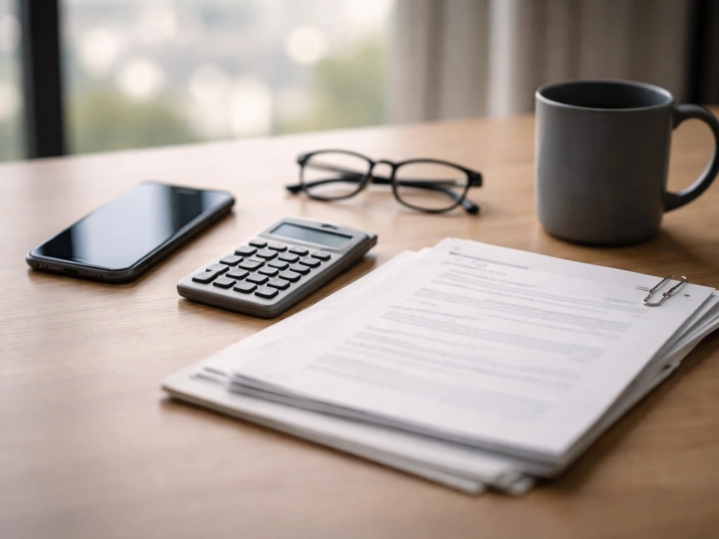 Minimal desk scene with a smartphone, scattered business papers, and a calculator suggesting net-worth source checking
