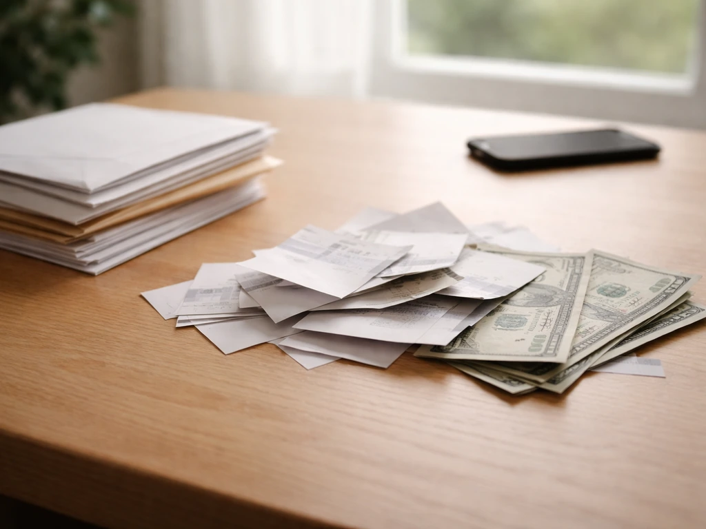 Chaotic mix of sealed envelopes and scattered dollar bills on a desk symbolizing conflicting net-worth estimates