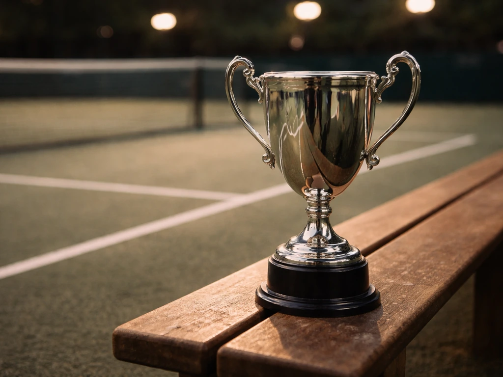 Tennis trophy on a court bench with blurred stadium lights, evoking career prize money