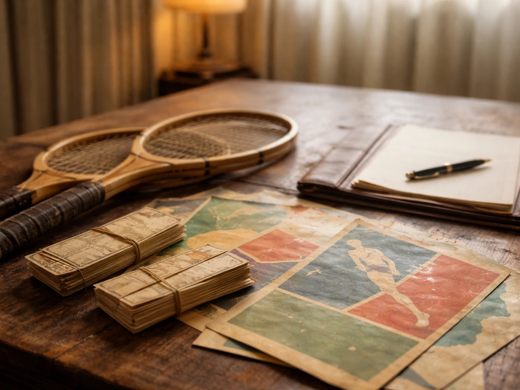 Dos raquetas y entradas/afiches antiguos sobre una mesa de madera, estilo archivo de época.