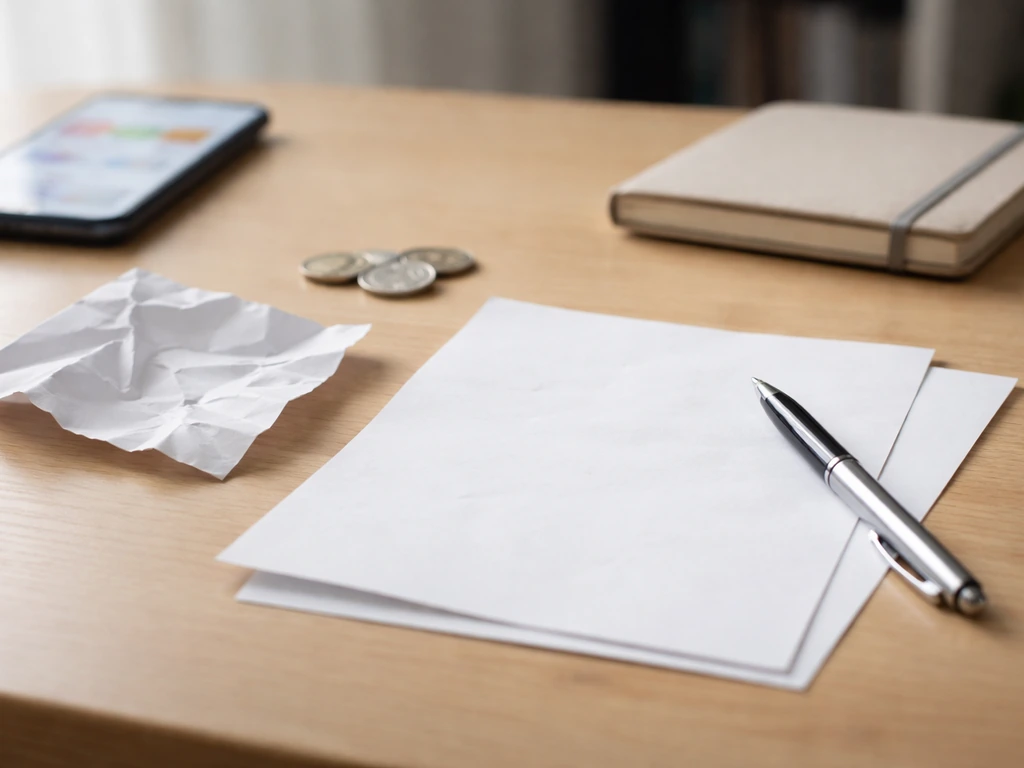 Minimal photo of a desk with scattered money-adjacent items and blurred screen background suggesting conflicting figures