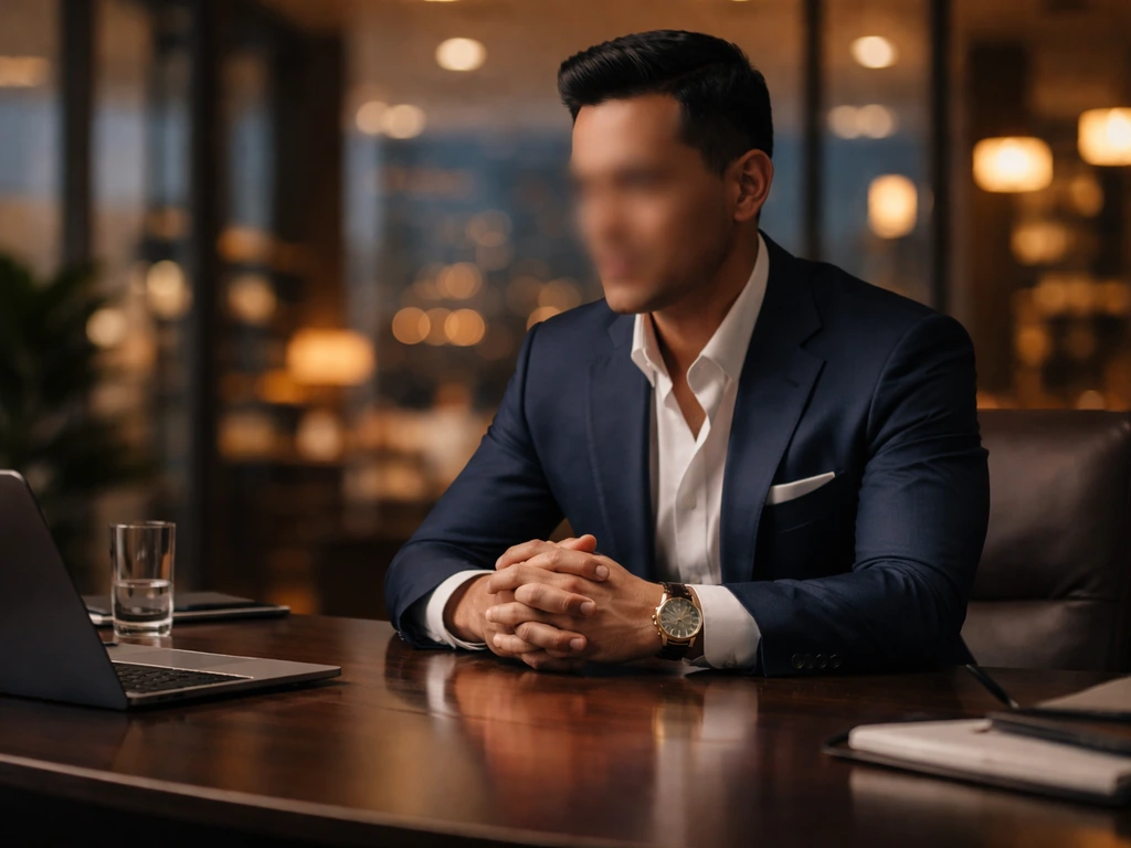 Mexican businessman seated in a modern luxury office with soft evening light and a blurred company-like background