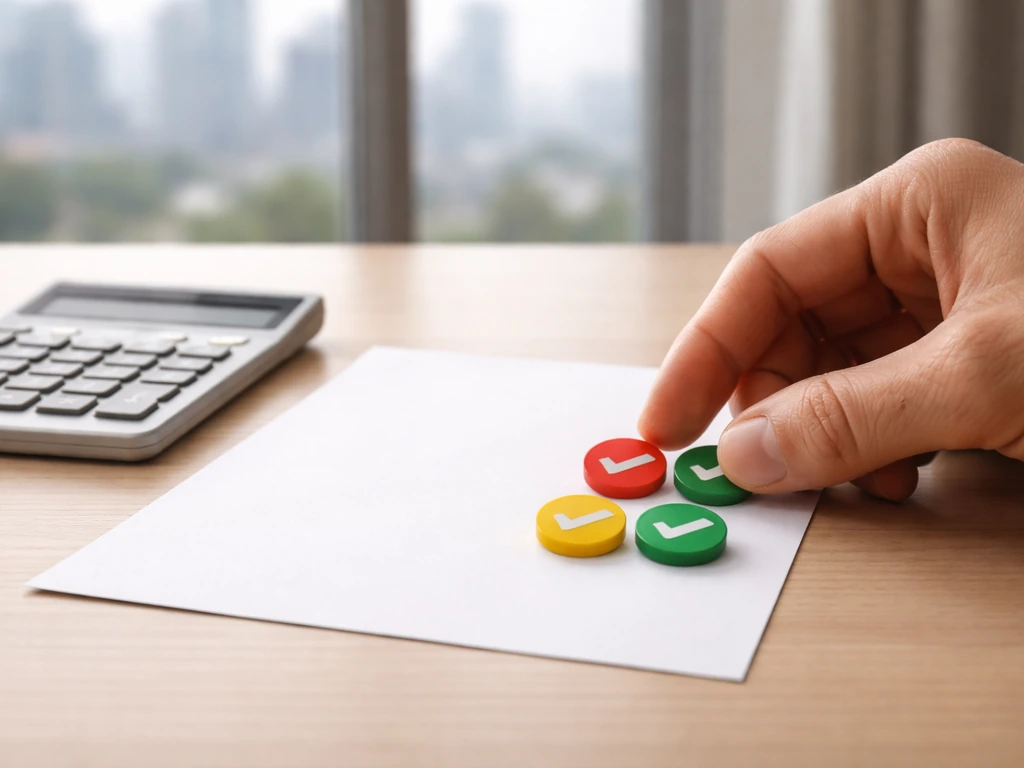 Close-up of an anonymous hand placing colored tokens beside a calculator, symbolizing figure-trust checks.