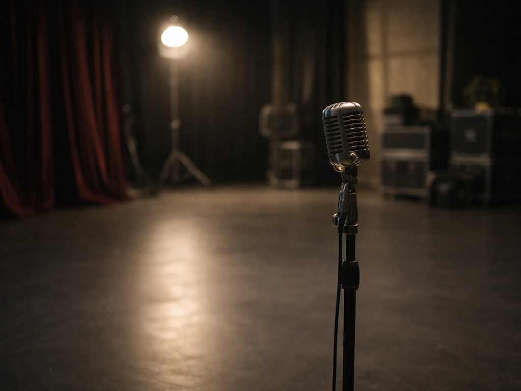 Empty Hollywood-style soundstage with a vintage microphone and soft spotlight, suggesting an actor’s on-set moment.