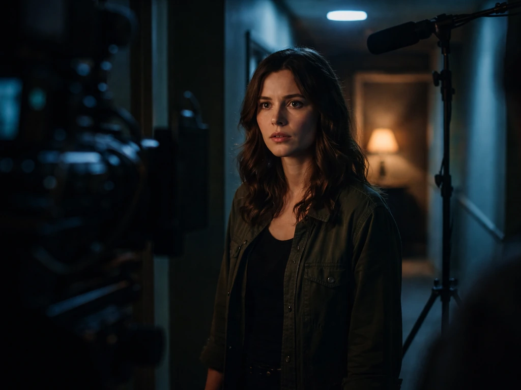 Moody TV set corridor scene with an actress mid-performance under blue key light and blurred film crew gear.