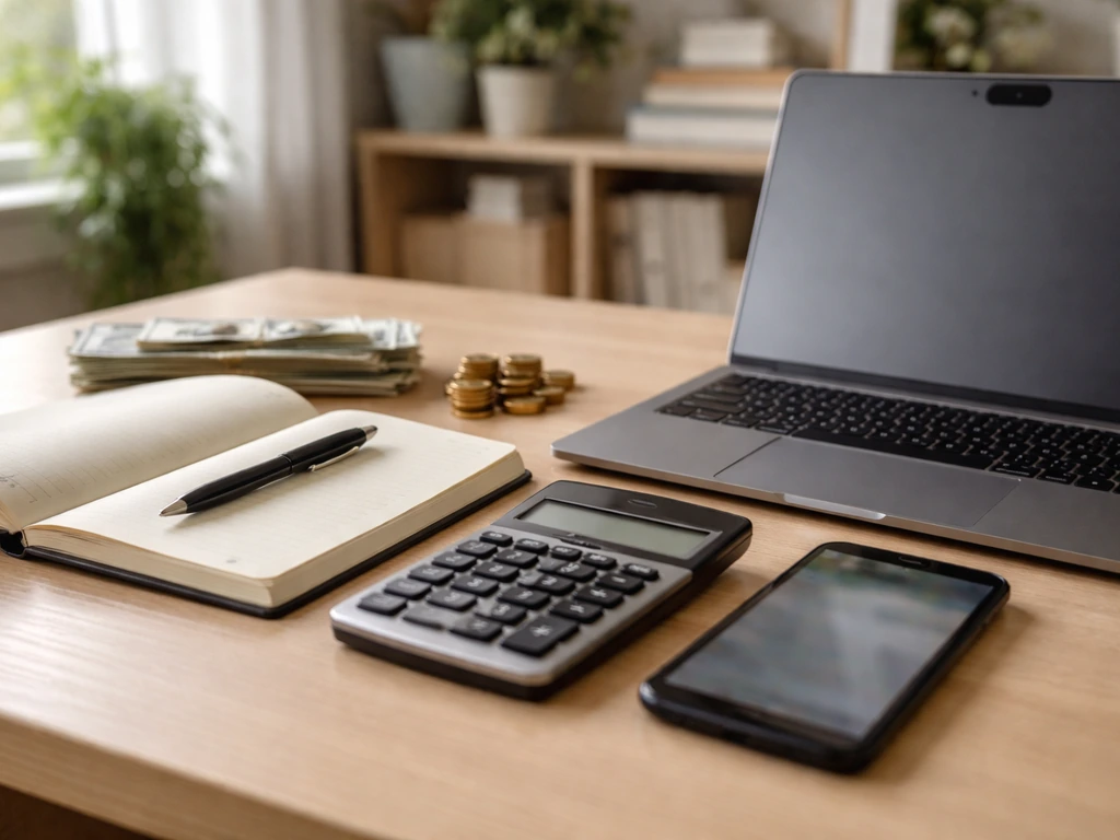 Desk with calculator, coins, cash, and a notebook suggesting financial modeling for net worth estimates.
