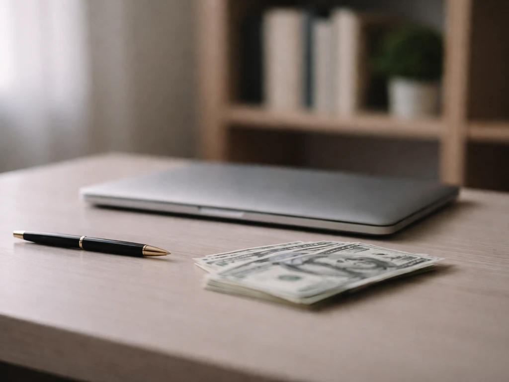 Close view of a laptop and pen beside scattered US bills in a quiet office, symbolic finance scene