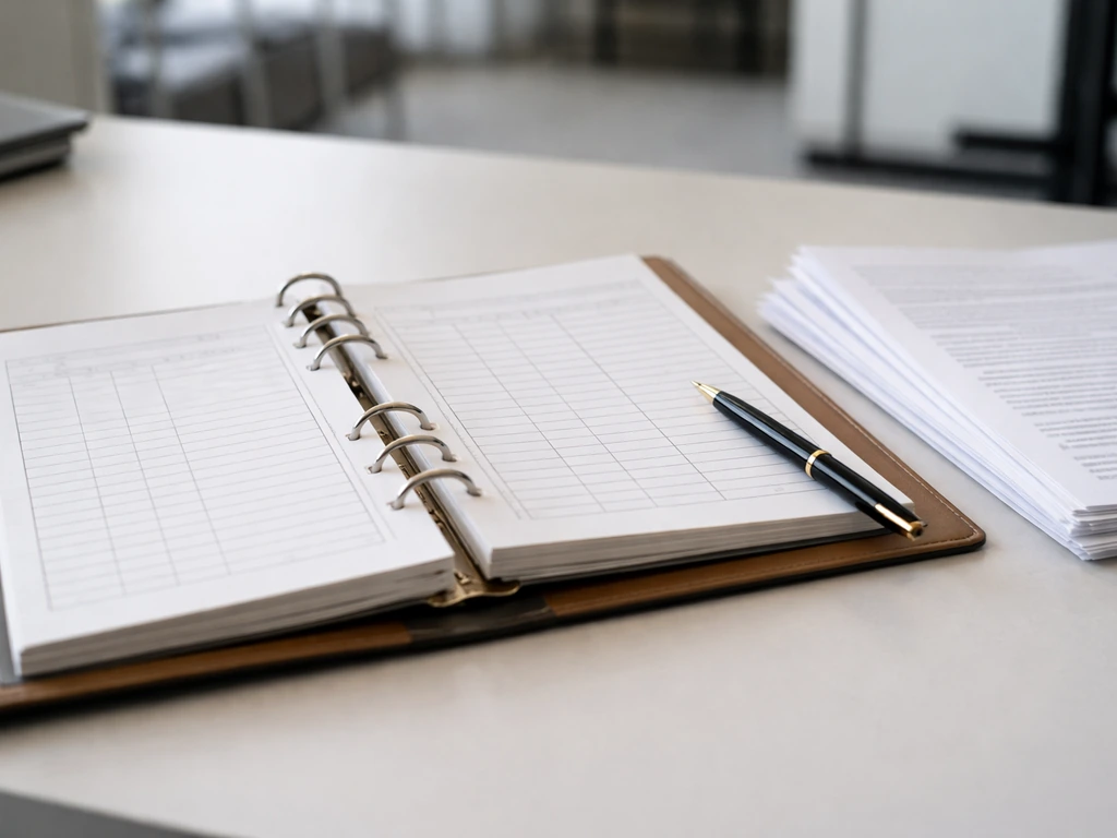 Close-up of a formal binder and a stack of paperwork on a desk with a pen, symbolizing nonprofit executive compensation