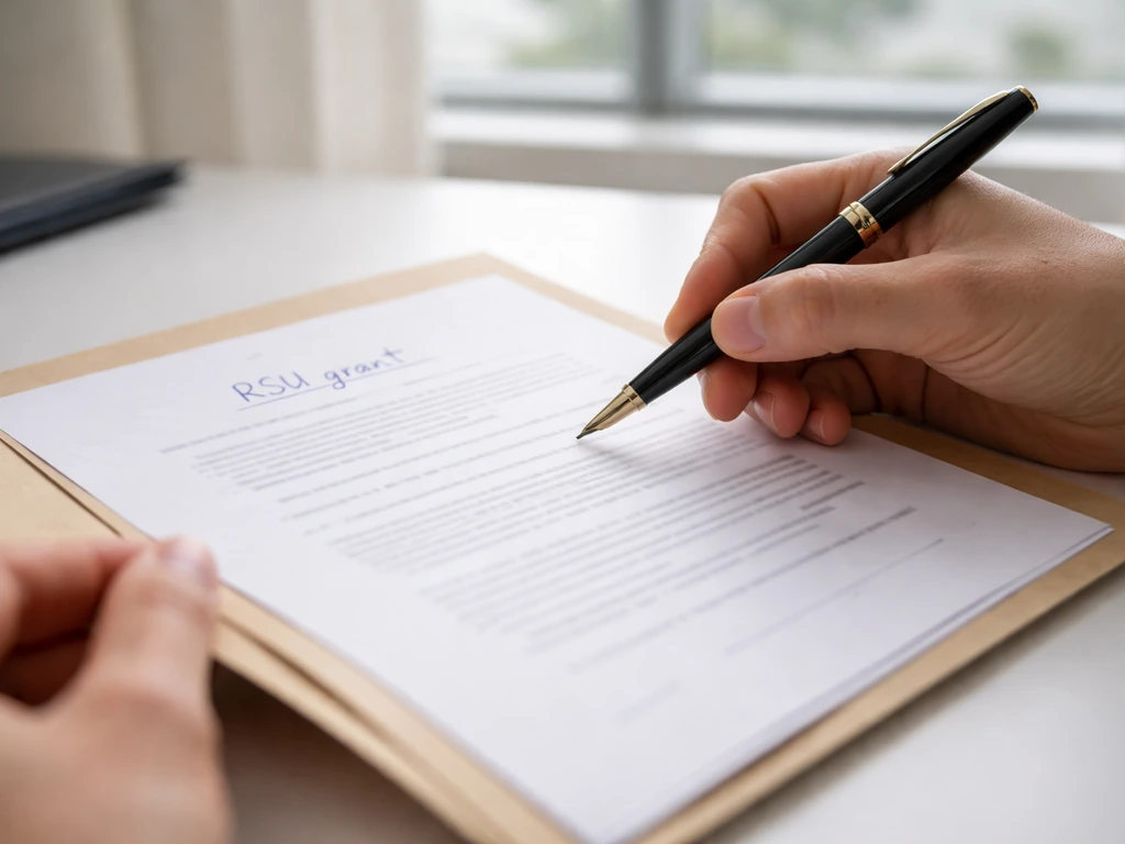 Hands holding a pen over a printed SEC-style document folder with a simple grant notation