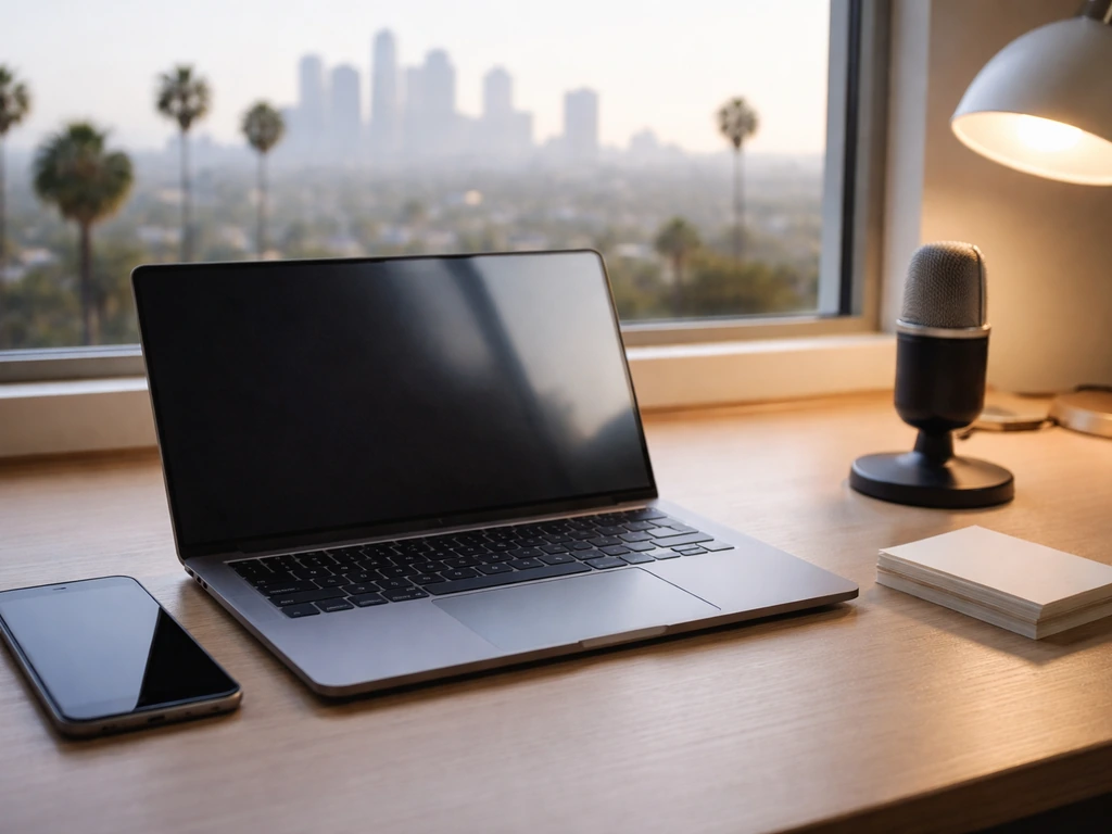 Anonymous desk scene with laptop and phone suggesting media/profile research, no readable text.