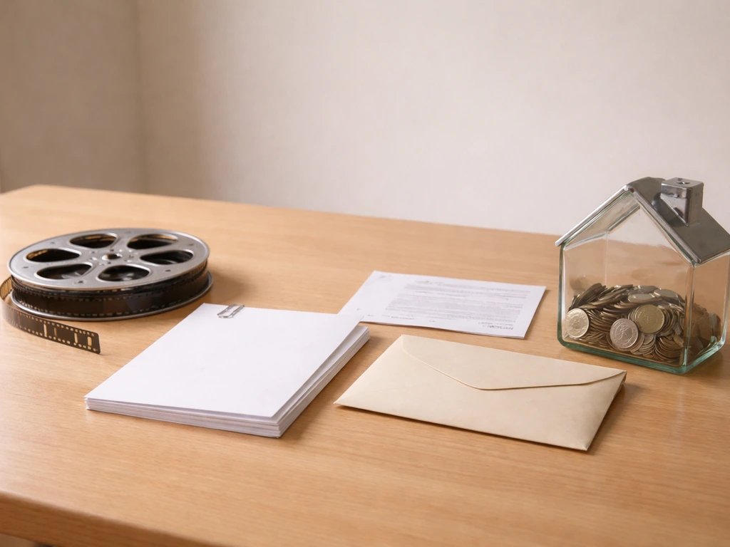 Old film reel, blank royalty papers, generic statement envelope, and a house-shaped savings jar on a table.