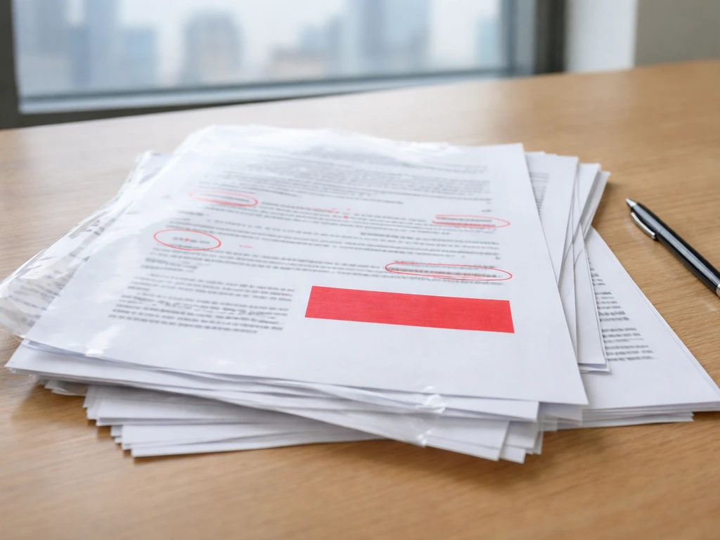 Desk with printed financial documents showing red warning marks and highlighted area, no readable text.