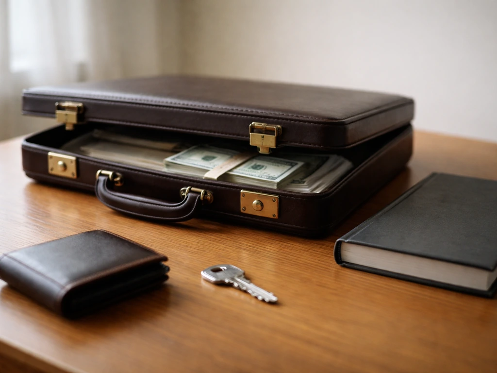 Open briefcase with scattered papers, cash, and a closed ledger on a desk, symbolizing assets vs debts snapshot