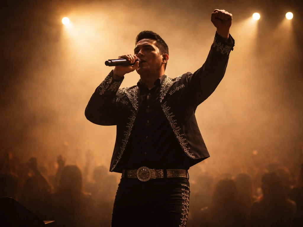 Mexican singer performing passionately on stage under warm spotlights during a live concert