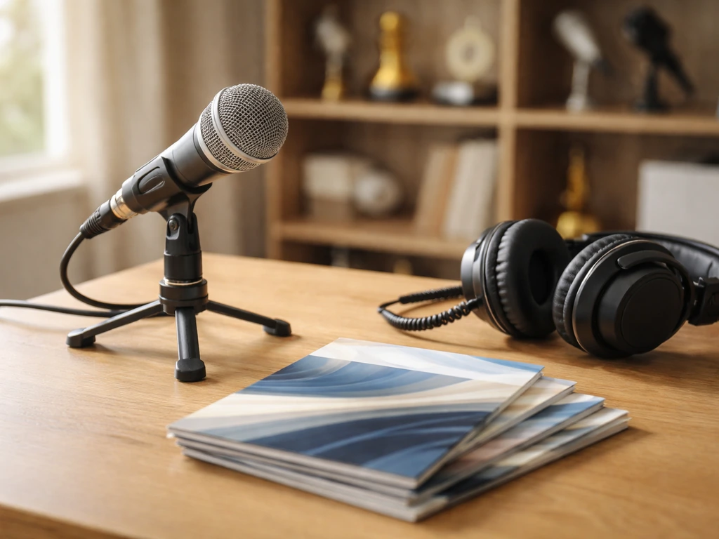 Close-up of a studio desk with a microphone and branded business items, symbolizing endorsements and partnerships.