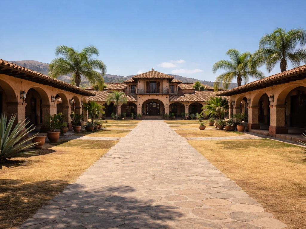 Sunlit adobe ranch buildings and a wide courtyard at Rancho Los Tres Potrillos, Jalisco.