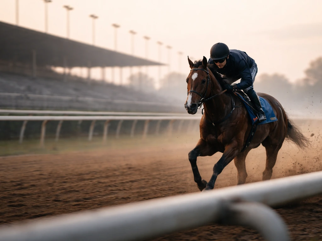 Generic jockey leaning forward as a horse gallops on a racetrack at sunrise, motion and dust in focus.