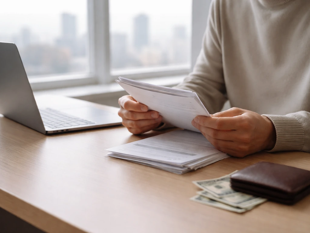 Person in a quiet office reviews financial documents beside a laptop and cash, symbolizing net-worth analysis.