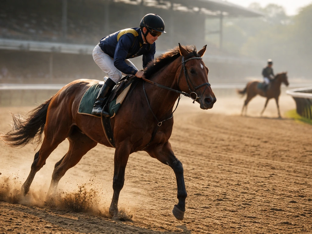 Jockey in racing silks on a dirt track as another horse passes, showing busy, consistent race meet energy