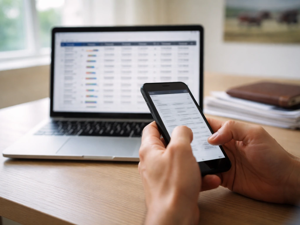 Hands checking racing earnings on a phone and laptop in a home office verification scene
