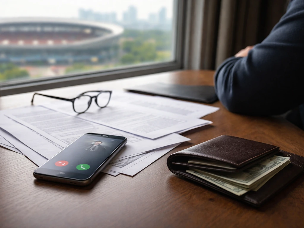 Anonymous football agent desk with wallet and blurred phone, symbolizing net worth verification.