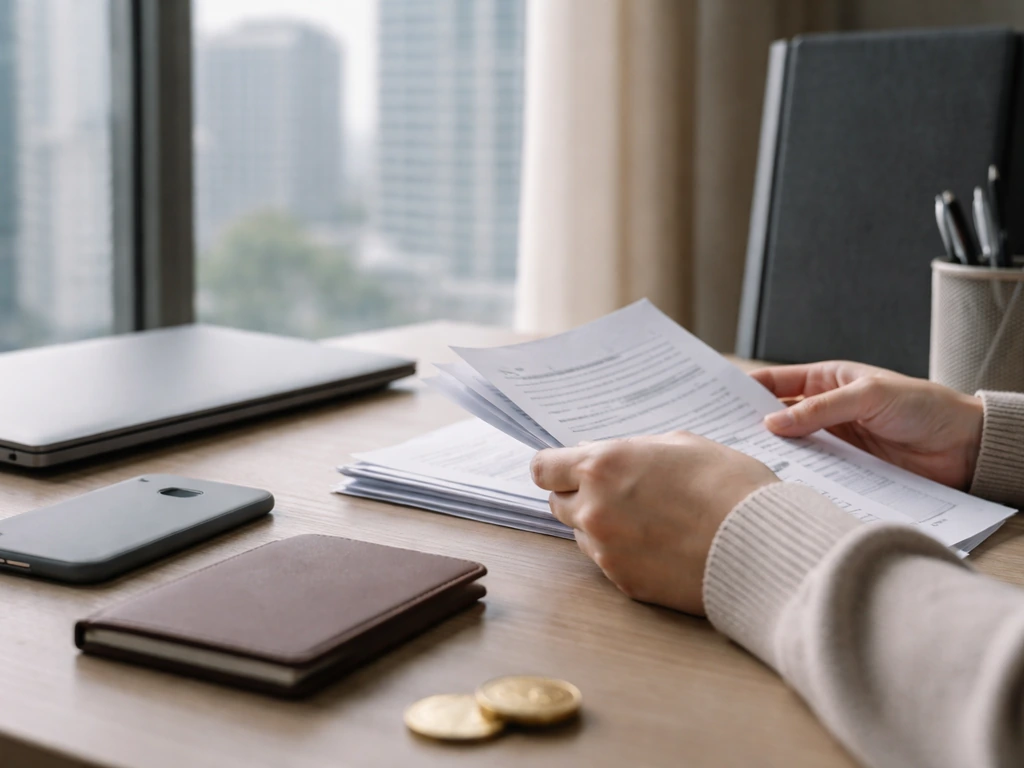 Minimal office scene with a laptop showing blurred business profile materials and a subtle wealth motif