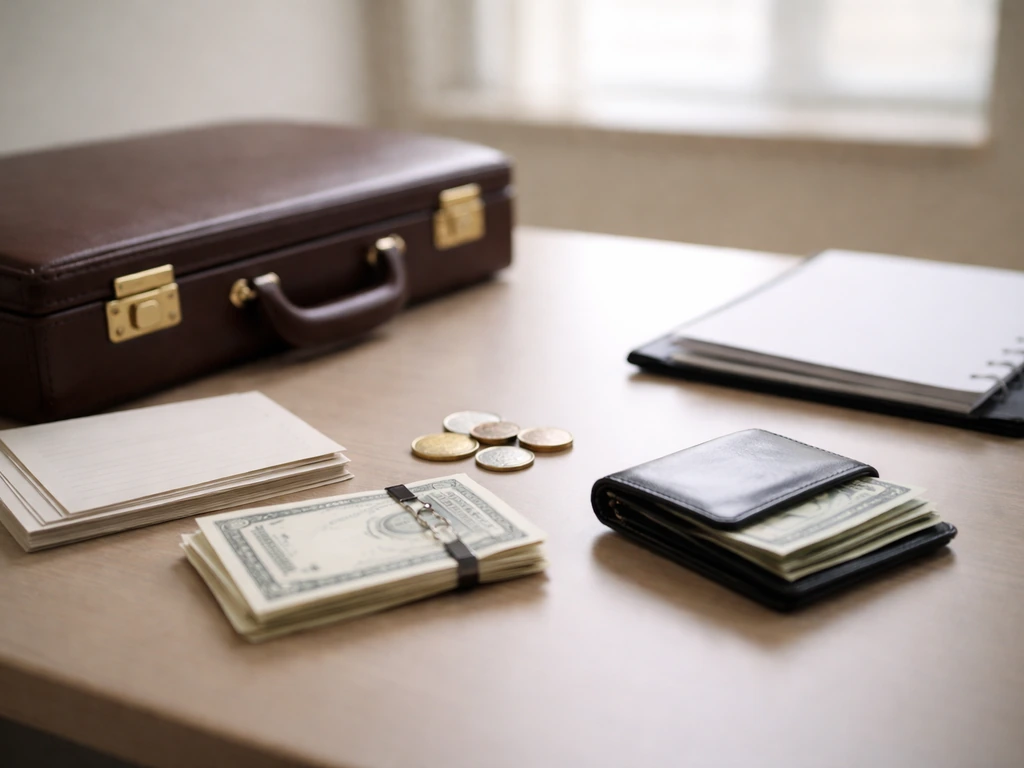 Minimal desk scene with briefcase, coins, cash, and blank investment documents symbolizing net worth components.