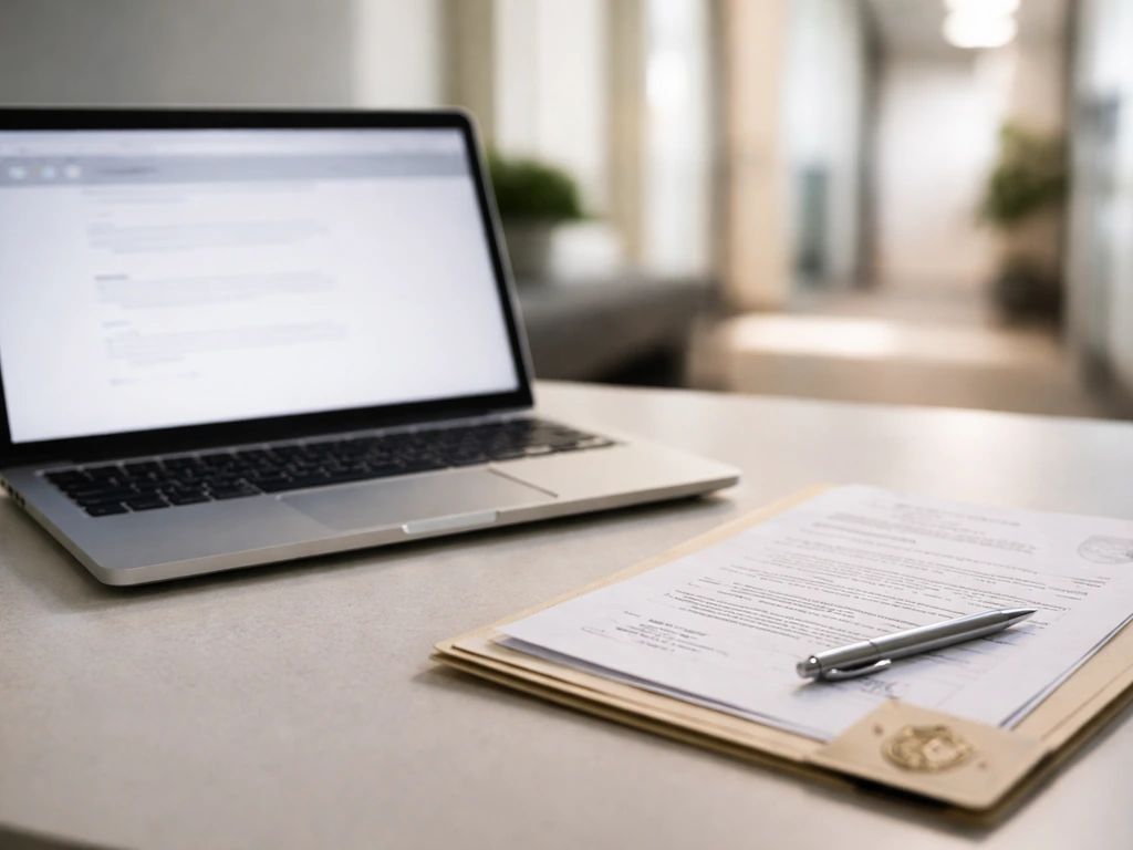 Minimal desk scene with open laptop and official-looking documents, symbolizing verified information.