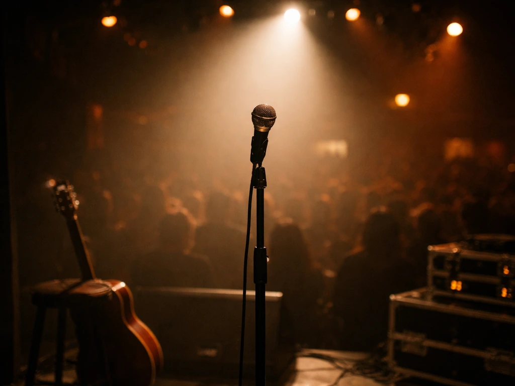 Spotlit concert microphone with soft audience bokeh and music equipment on a quiet stage.