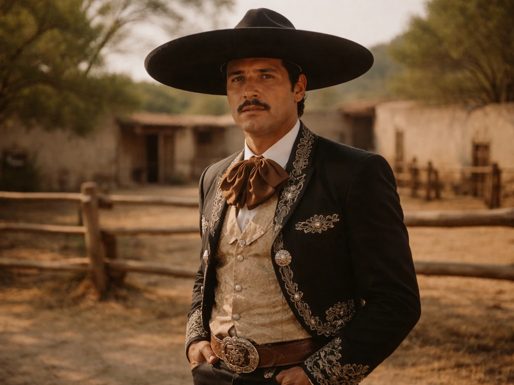 Charro-style film still with a man in embroidered suit and wide-brim hat in a quiet ranch courtyard.