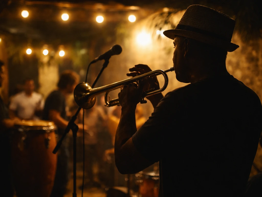 Latin music band performing live in a small venue with warm lights and a trumpeter silhouette in focus