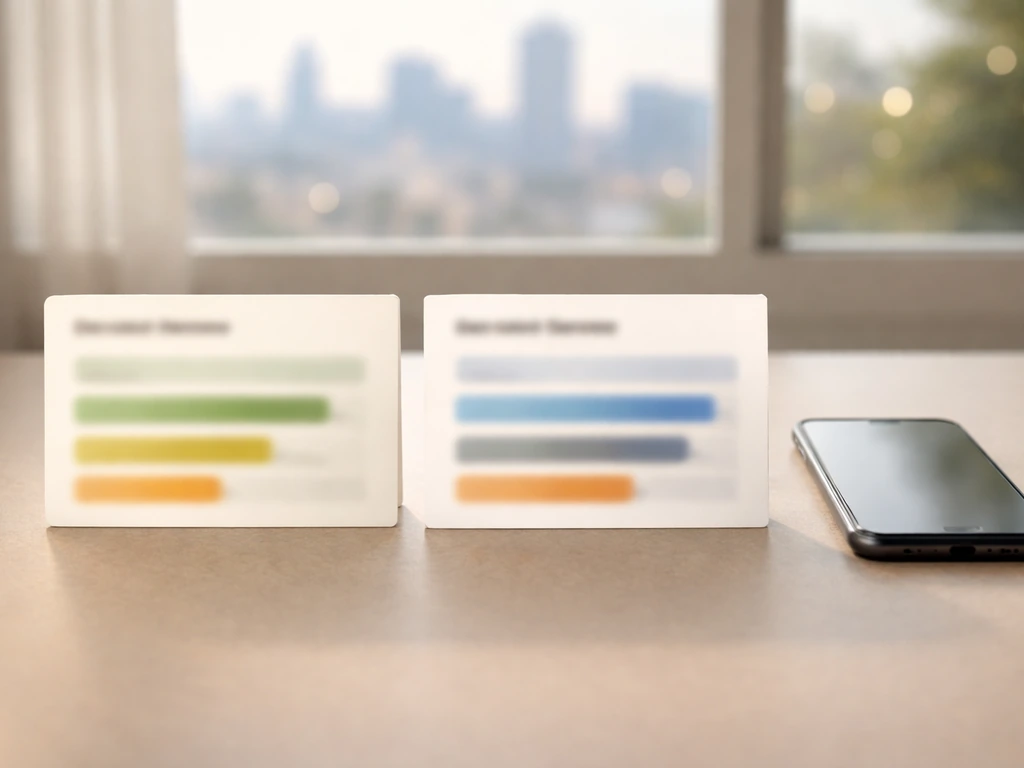 Minimal desk scene with two blurred side-by-side cards and a smartphone suggesting finance estimates, no text.