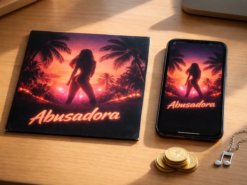 Vinyl sleeve and smartphone on a wooden desk with coins and a small music-note charm suggesting music royalties