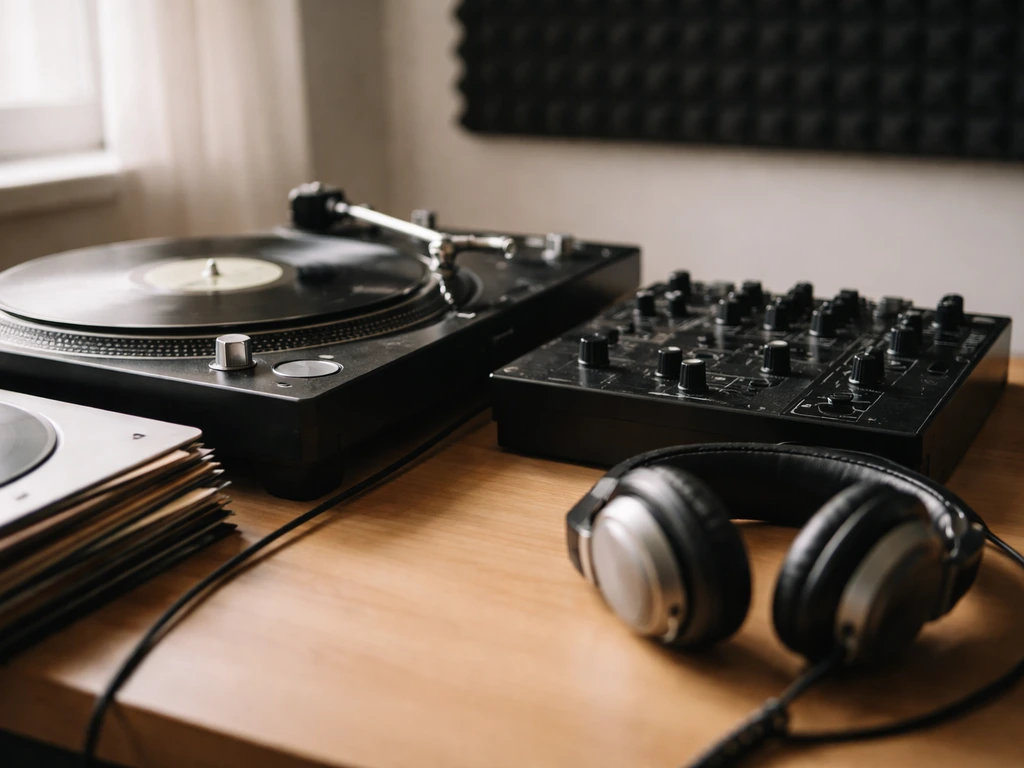 Minimal photo of a music producer’s workspace with turntable and studio gear, symbolizing Little Louie Vega.
